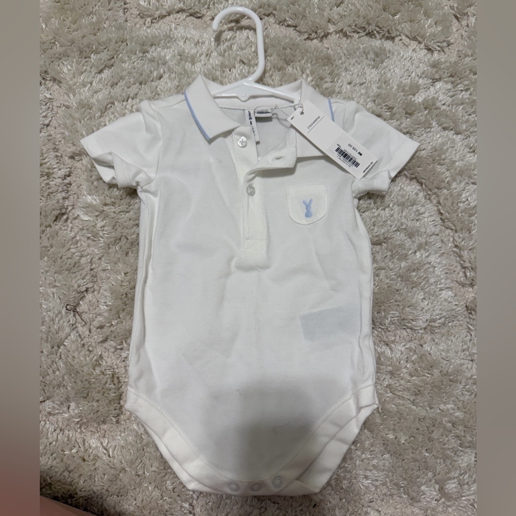 Janie And Jack Boys 3-6m White Polo Bunny Onesie With Light Blue Trim